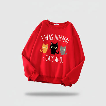 Red sweatshirt with cat illustration and text on a newspaper background