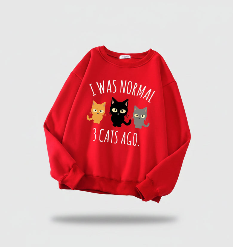 Red sweatshirt with cat illustration and text on a newspaper background