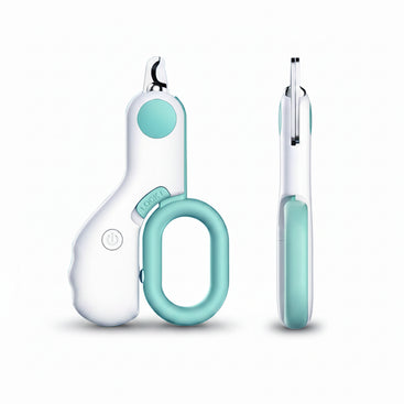 Teal and white pet nail clippers with dimensions on a white background