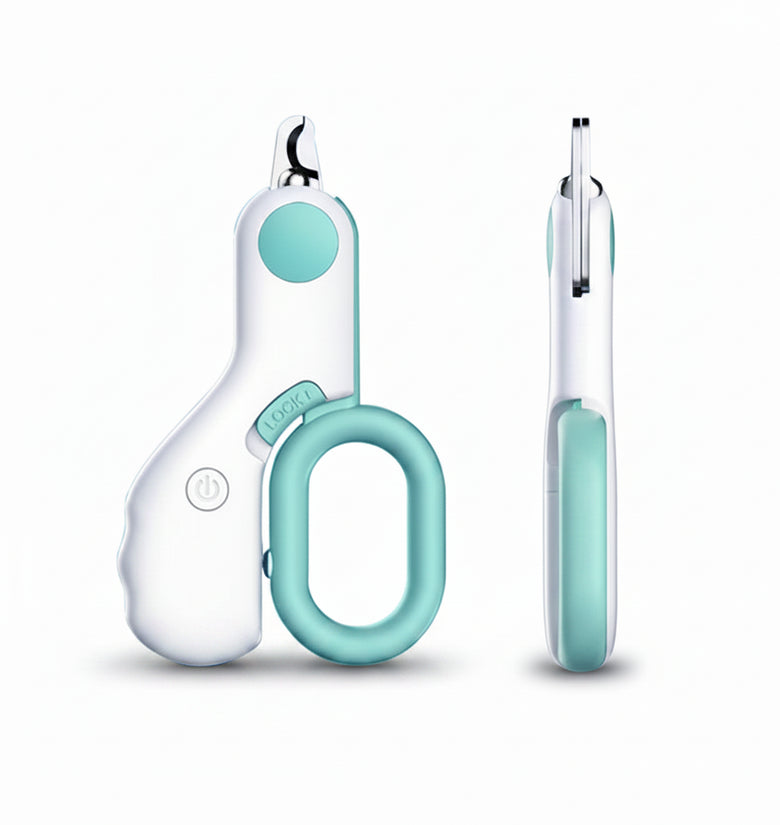 Teal and white pet nail clippers with dimensions on a white background