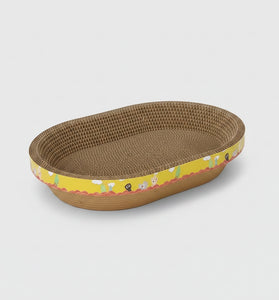 Cat lying on a colorful cat bed with text 'Wear-resistant and scratch-resistant large space'.
