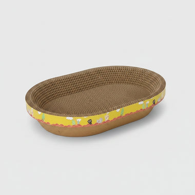 Cat lying on a colorful cat bed with text 'Wear-resistant and scratch-resistant large space'.