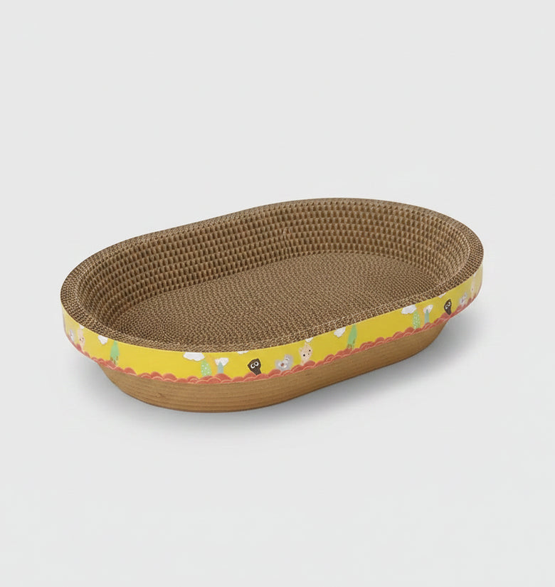 Cat lying on a colorful cat bed with text 'Wear-resistant and scratch-resistant large space'.