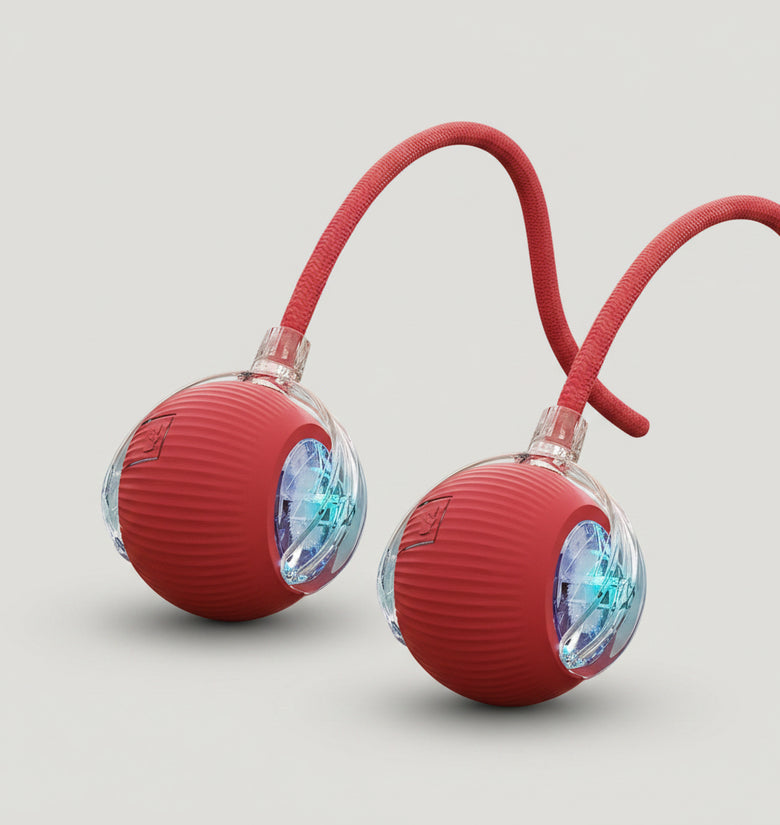 Red ball with a rope and light-up feature for cats, 2-pack, on a wooden floor with a cat in the background.