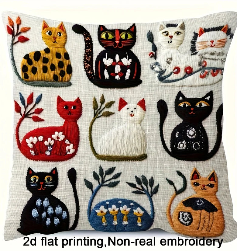 Vintage Folk Art Cat Cushion Cover