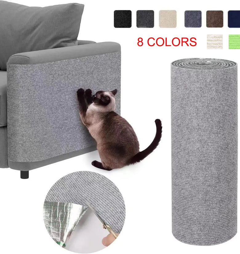 Cat using a textured gray fabric roll on a couch, with color swatches above.