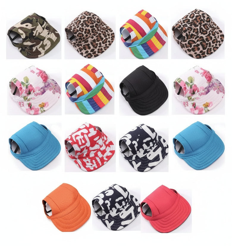 A grid of 15 different baseball caps shown on a plain white background, featuring various patterns including camouflage, leopard print, rainbow stripes, floral prints, solid black, and abstract graphics in multiple colors.