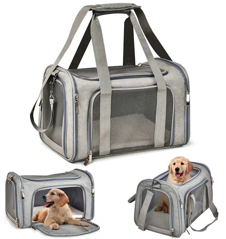 Gray pet carrier with a dog inside, shown from multiple angles on a white background.