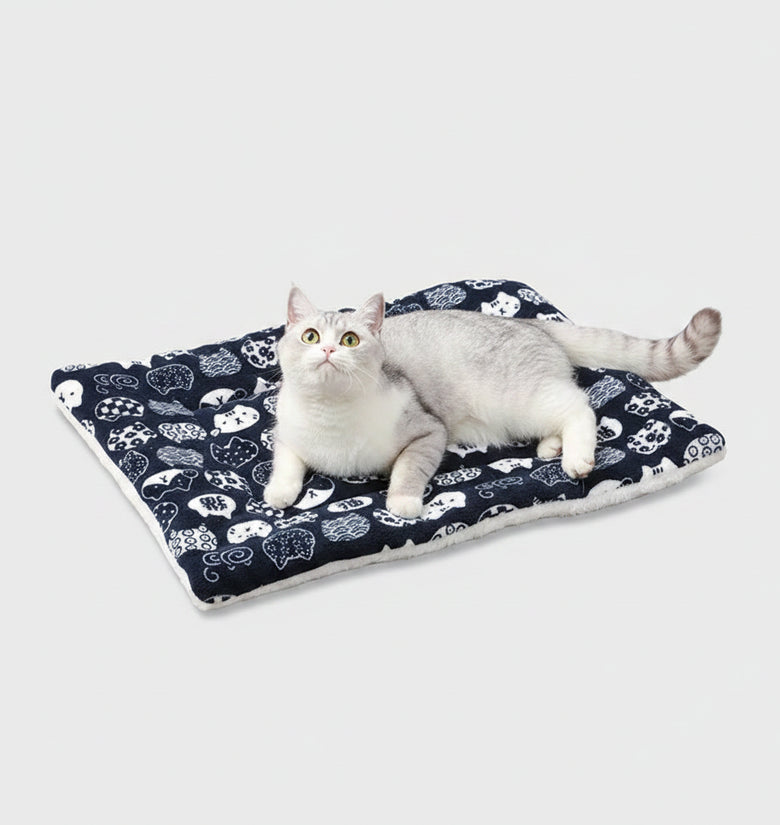 Cat lying on a patterned mat on a wooden floor