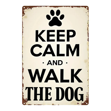 Vintage-style metal sign with paw print and text 'Keep Calm and Walk the Dog' on a white background.