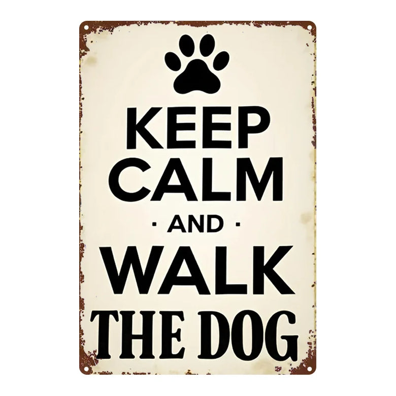 Vintage-style metal sign with paw print and text 'Keep Calm and Walk the Dog' on a white background.