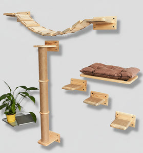 Wooden cat play structure with shelves and a scratching post on a white wall.