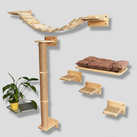 Wooden cat play structure with shelves and a scratching post on a white wall.