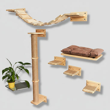 Wooden cat play structure with shelves and a scratching post on a white wall.