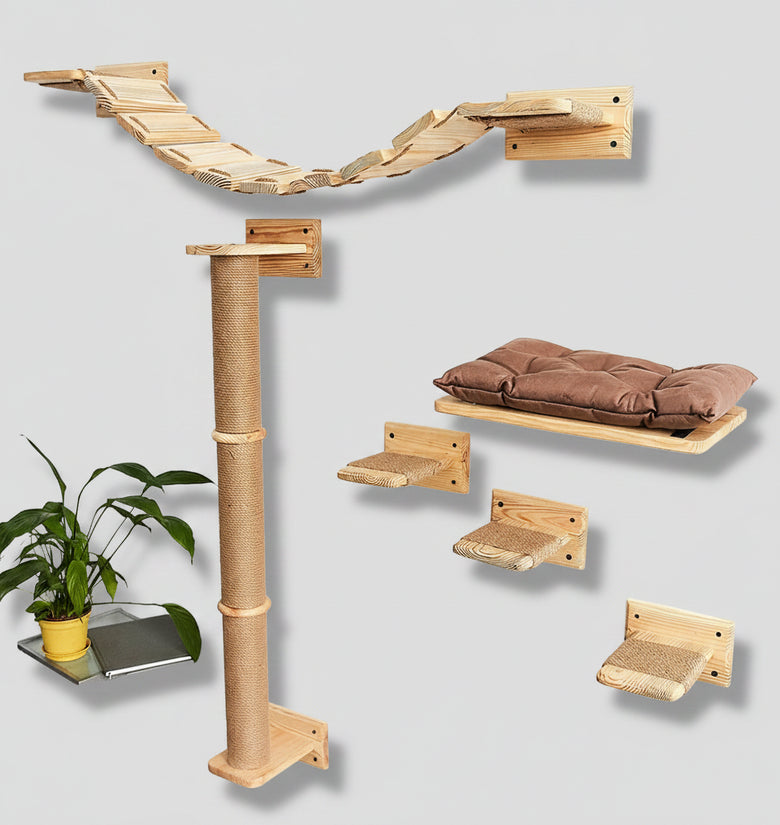 Wooden cat play structure with shelves and a scratching post on a white wall.