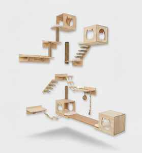 Wooden cat play area with shelves and platforms on a wall.