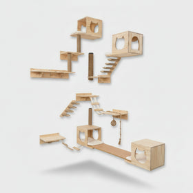 Wooden cat play area with shelves and platforms on a wall.
