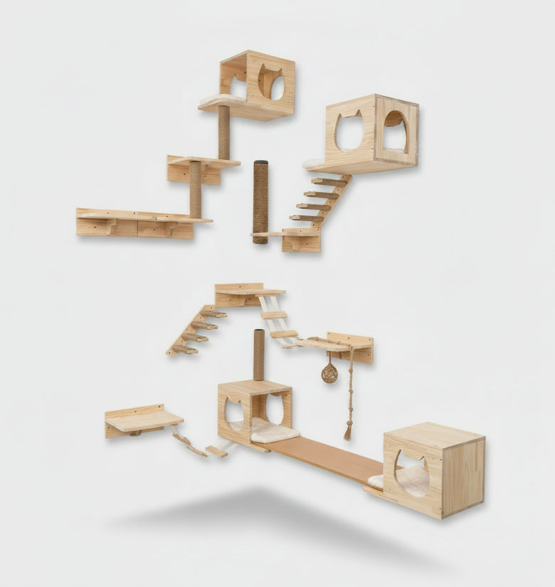 Wooden cat play area with shelves and platforms on a wall.