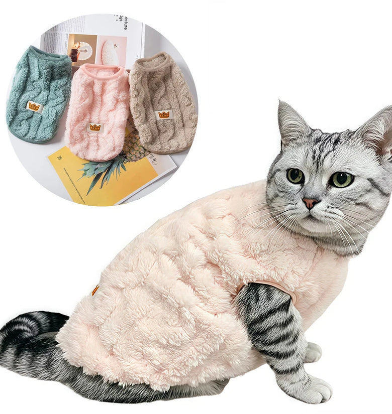 Cat wearing a pink fleece coat with small hats in the corner