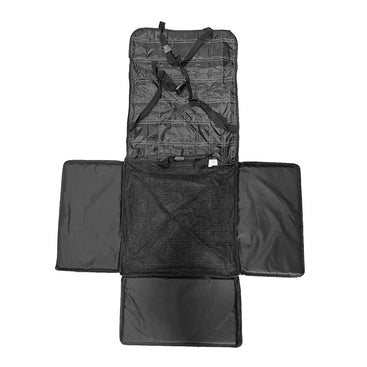 Black car seat cover with straps on a white background