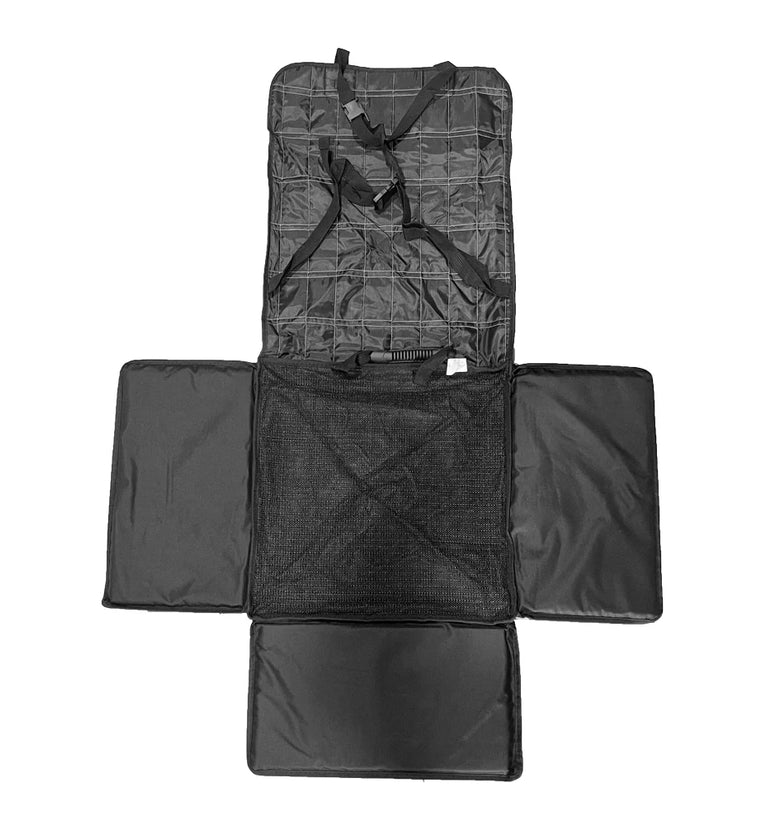 Black car seat cover with straps on a white background