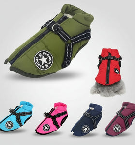 Collection of dog vests in various colors with a brand logo on a white background.
