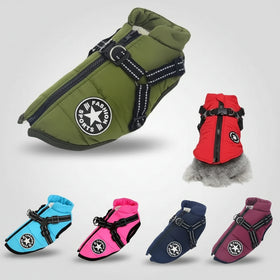 Collection of dog vests in various colors with a brand logo on a white background.