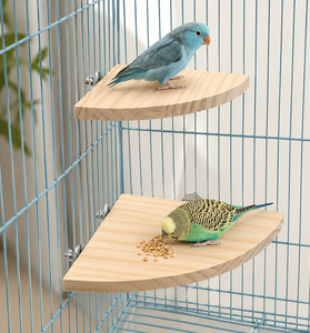 Two wooden bird perches mounted inside a blue metal bird cage, with a blue bird standing on the upper perch and a green-and-yellow budgerigar eating from the lower perch.