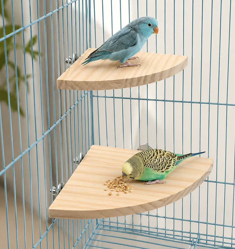 Two wooden bird perches mounted inside a blue metal bird cage, with a blue bird standing on the upper perch and a green-and-yellow budgerigar eating from the lower perch.